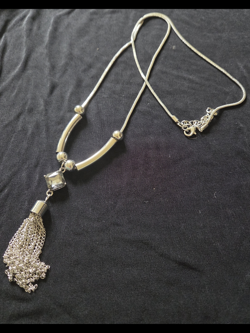 Chico's Silver-Tone Tassel Pendant Necklace with Faceted Stone